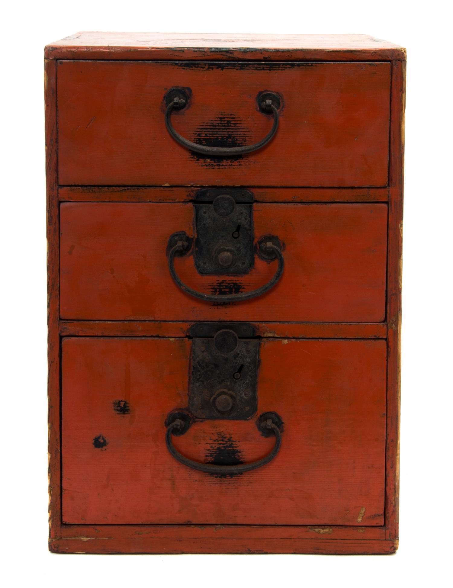 A Japanese Metal Mounted Red Lacquer Small Collector's Chest Height 15 x width 10 x depth 12 inches. — 19TH CENTURY