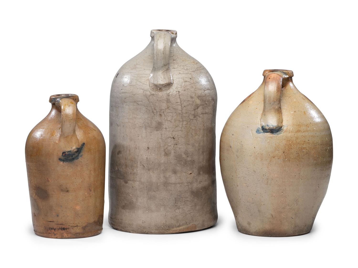 Three Chauncey Tupper Cobalt Decorated Stoneware Jugs
