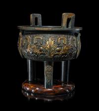 A Chinese Parcel Gilt Archaistic Bronze Bronze Ding Vessel