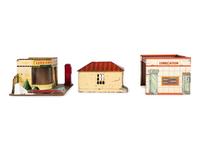 A Group of Toy Service Stations and Cars