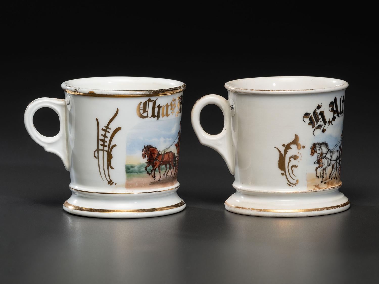 Two Porcelain Occupational Shaving Mugs Depicting a Drayman and a Deliveryman