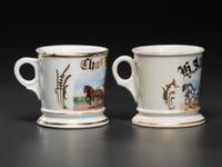 Two Porcelain Occupational Shaving Mugs Depicting a Drayman and a Deliveryman