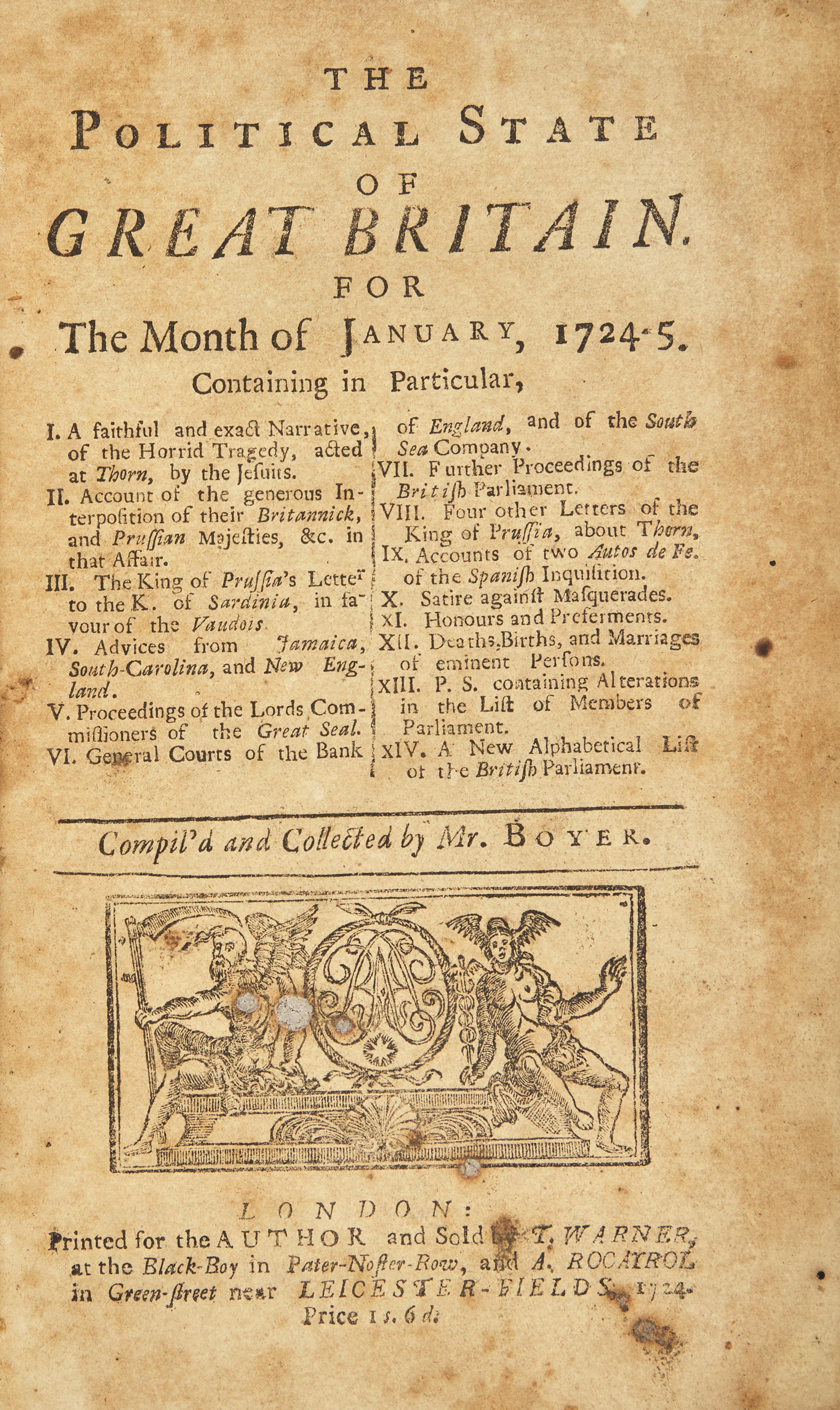 [Native-Americana] Scarce Bound Volume of 5 Issues of Early English Periodical The Political State of Great Britain , Including a Report of Native American Violence in the Colony of South Carolina, etc.