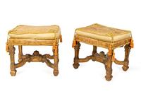 A Pair of Louis XIV Style Giltwood and Silk Upholstered Tabourets — 19TH CENTURY