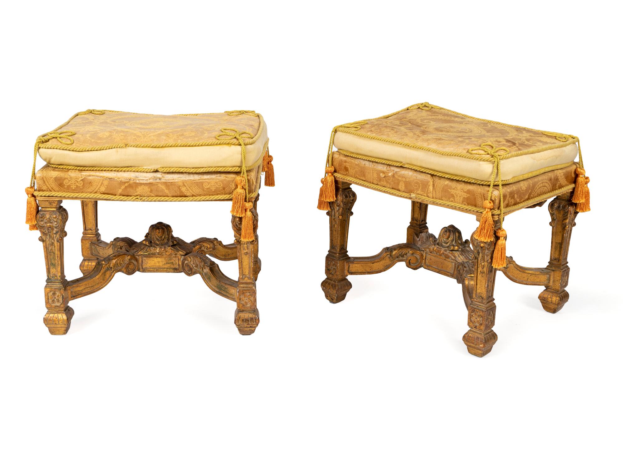 A Pair of Louis XIV Style Giltwood and Silk Upholstered Tabourets — 19TH CENTURY