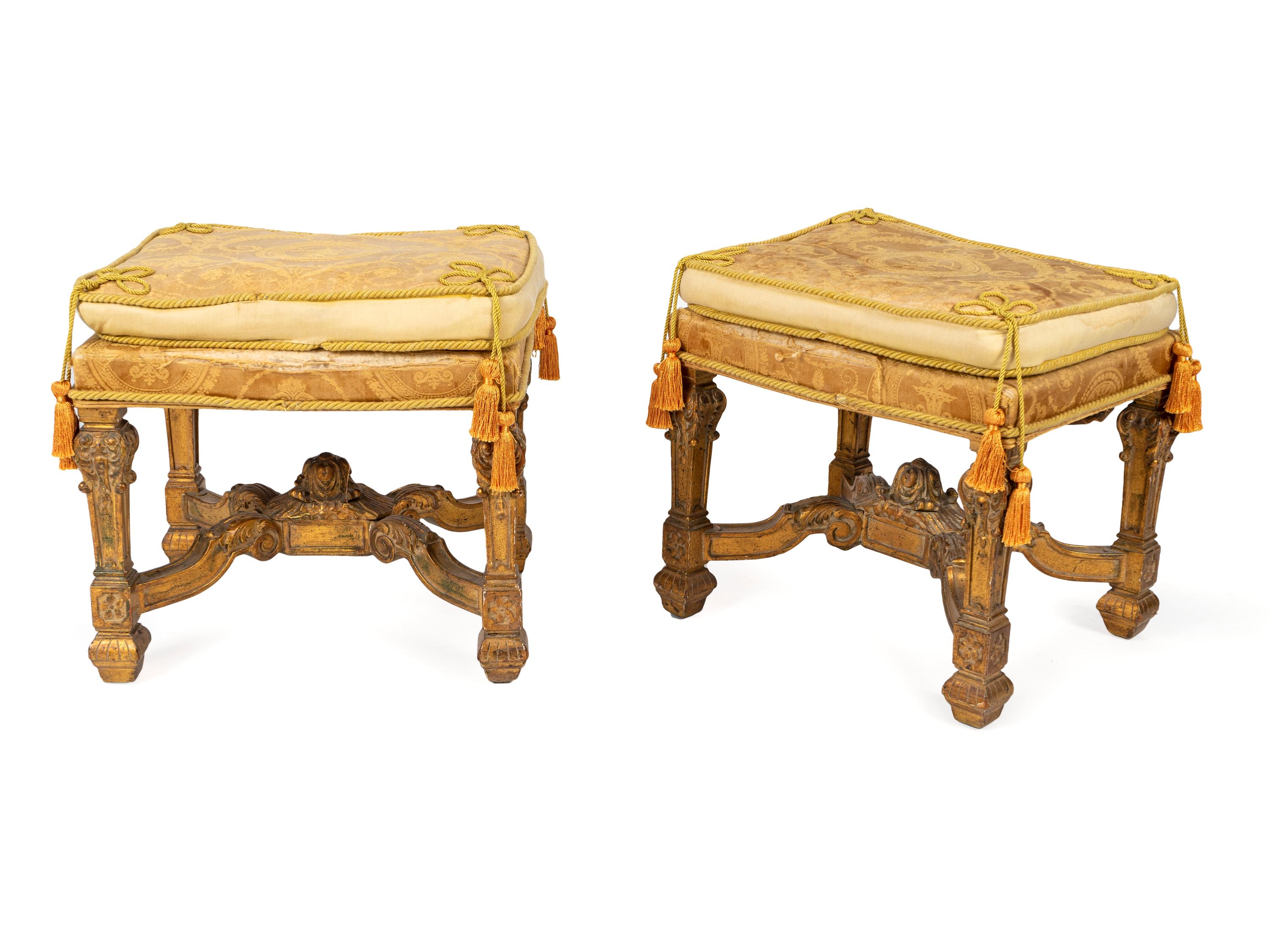 A Pair of Louis XIV Style Giltwood and Silk Upholstered Tabourets — 19TH CENTURY