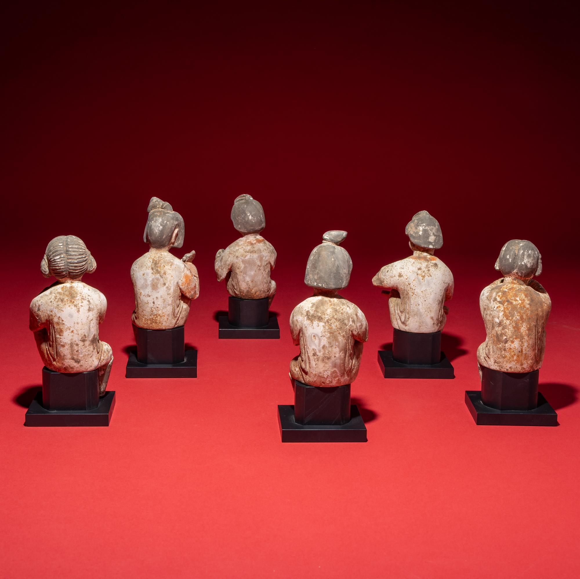Six Chinese Painted Pottery Figures of Female Musicians, Tang Dynasty Style — 唐式陶加彩樂伎俑一組六件