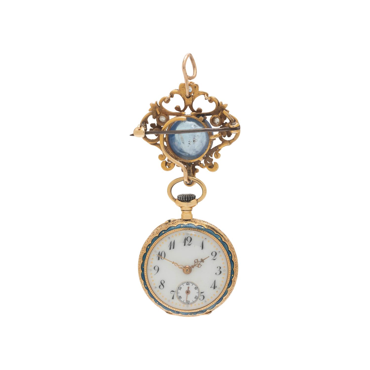 ANTIQUE, YELLOW GOLD, SAPPHIRE, DIAMOND AND ENAMEL OPEN FACE LAPEL WATCH