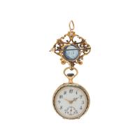 ANTIQUE, YELLOW GOLD, SAPPHIRE, DIAMOND AND ENAMEL OPEN FACE LAPEL WATCH