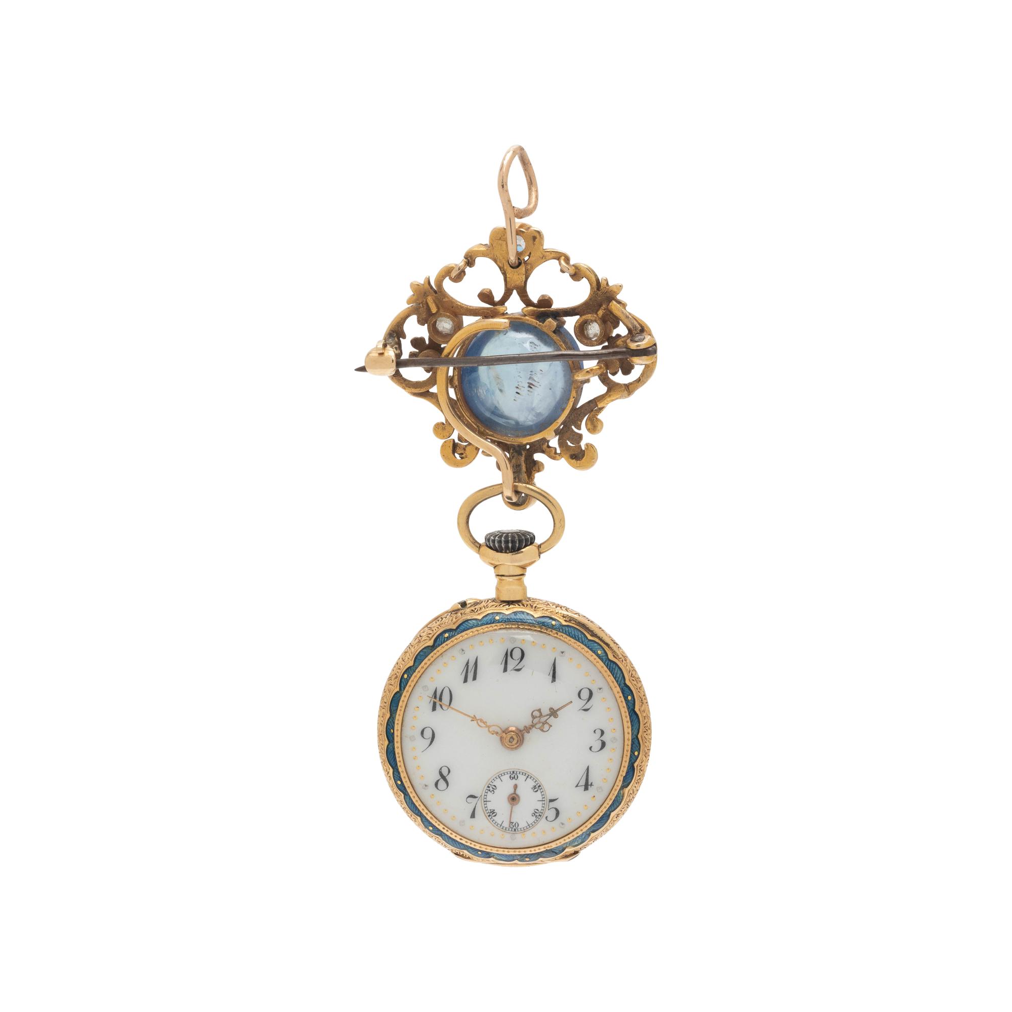 ANTIQUE, YELLOW GOLD, SAPPHIRE, DIAMOND AND ENAMEL OPEN FACE LAPEL WATCH
