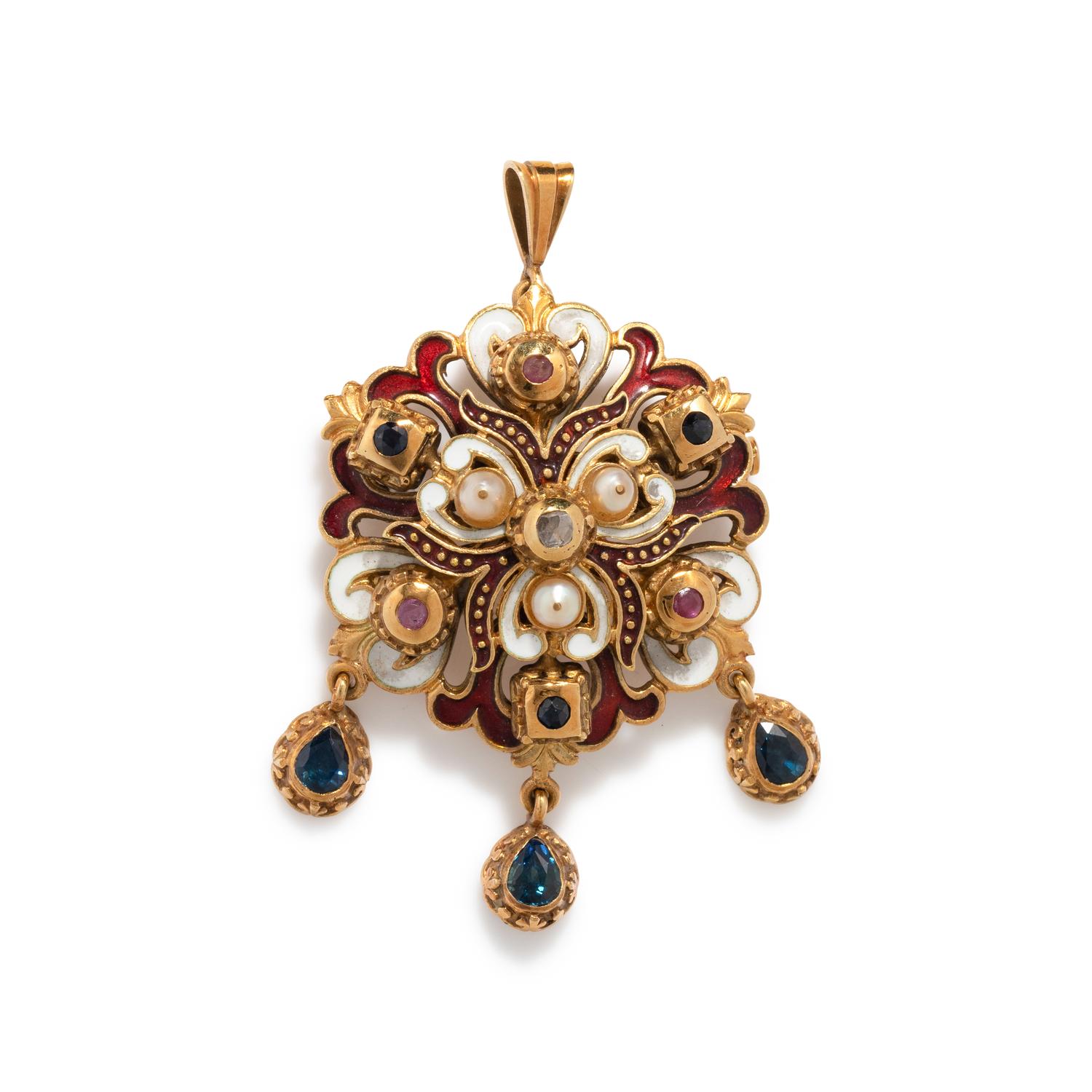 ANTIQUE, DIAMOND, PEARL, GEMSTONE AND ENAMEL PENDANT/BROOCH