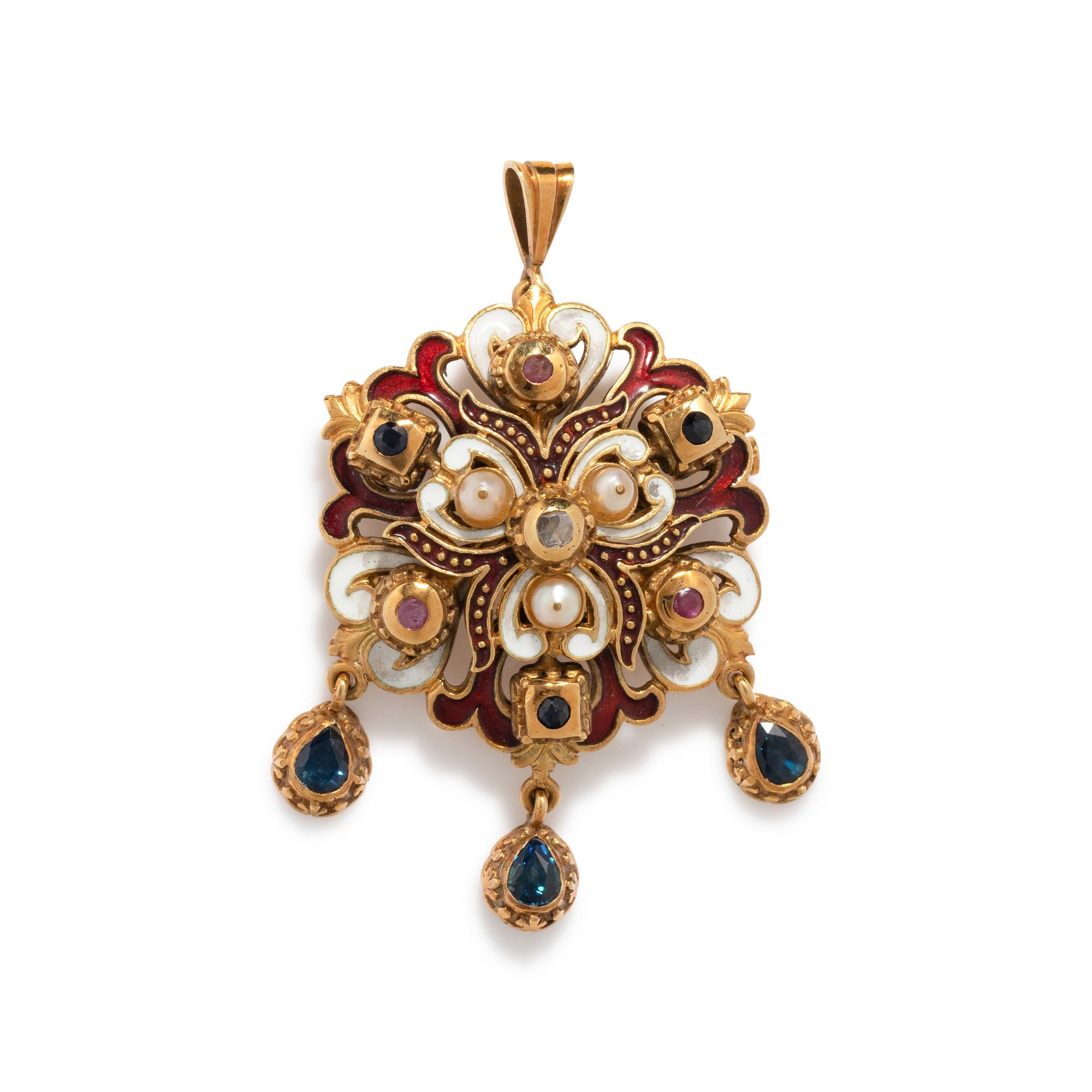 ANTIQUE, DIAMOND, PEARL, GEMSTONE AND ENAMEL PENDANT/BROOCH
