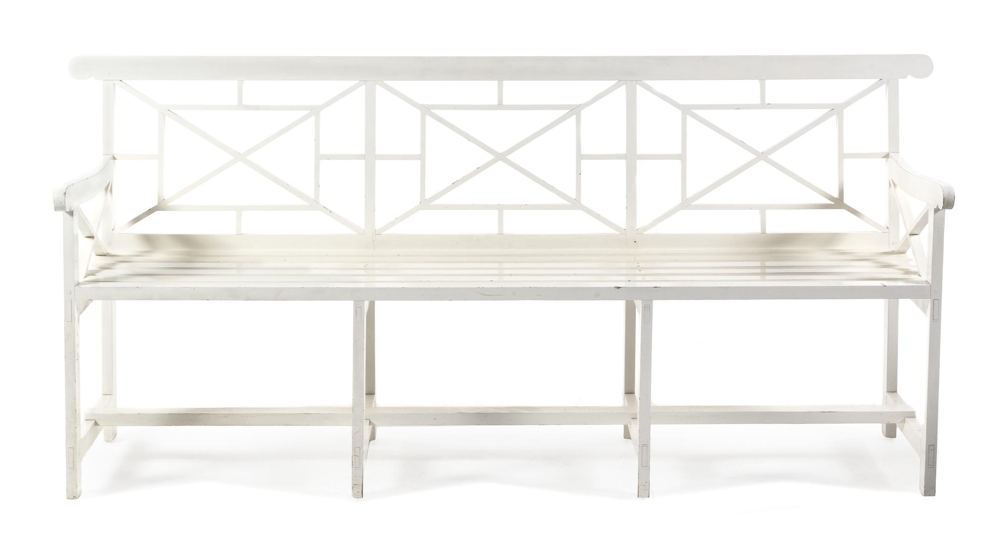 A Chatsworth Estate White Painted Garden Bench Height 35 x width 78 x depth 20 inches. — MID-20TH CENTURY