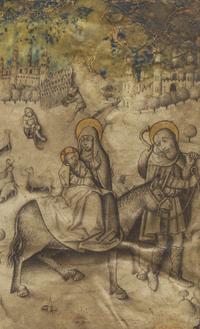 Spanish School (Castile), 15th century — Three Miniatures from an Illuminated Book of Hours: The Annunciation, King David, and The Flight into Egypt