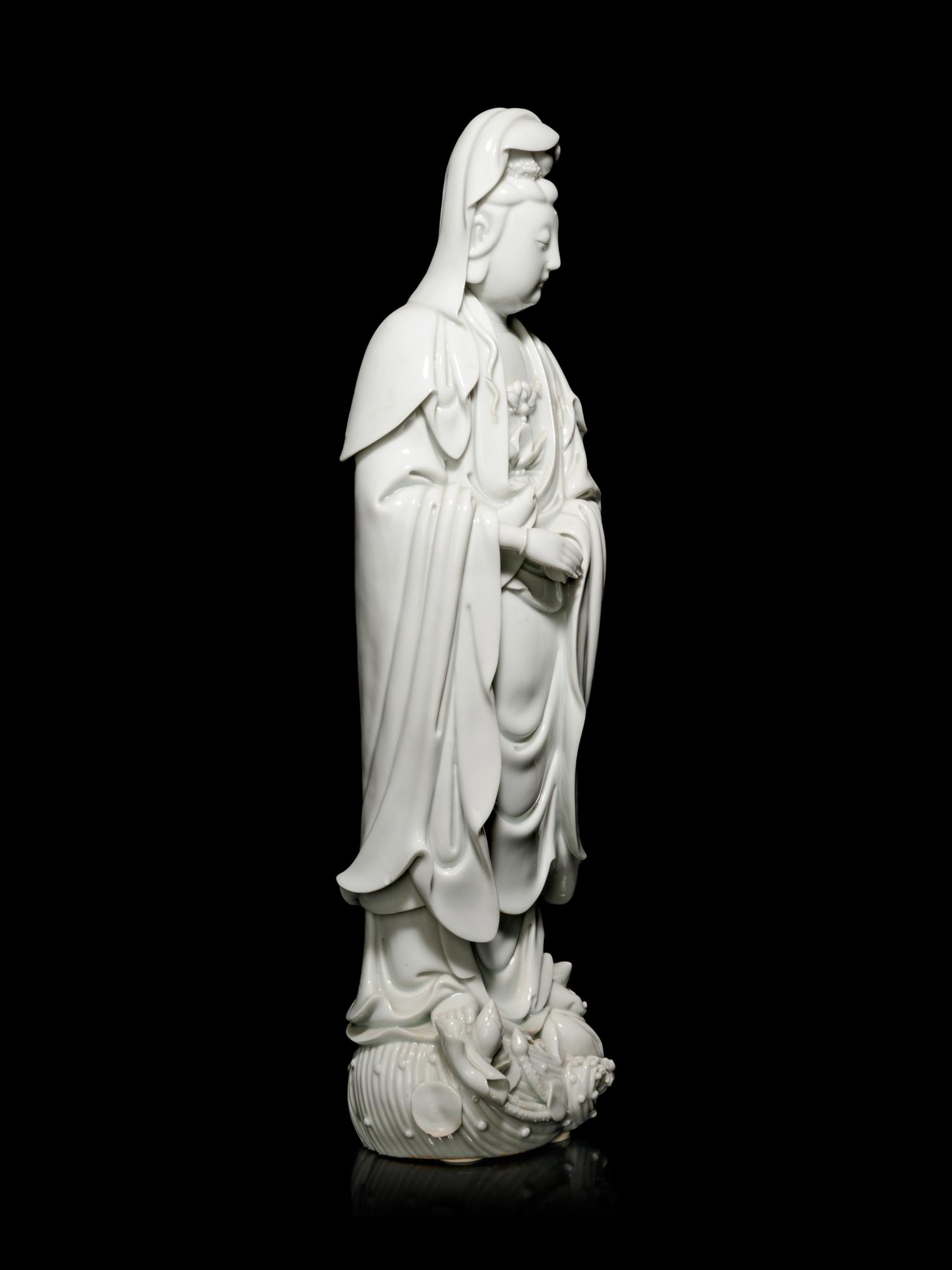 A Large Blanc-de-Chine Porcelain Figure of Guanyin
