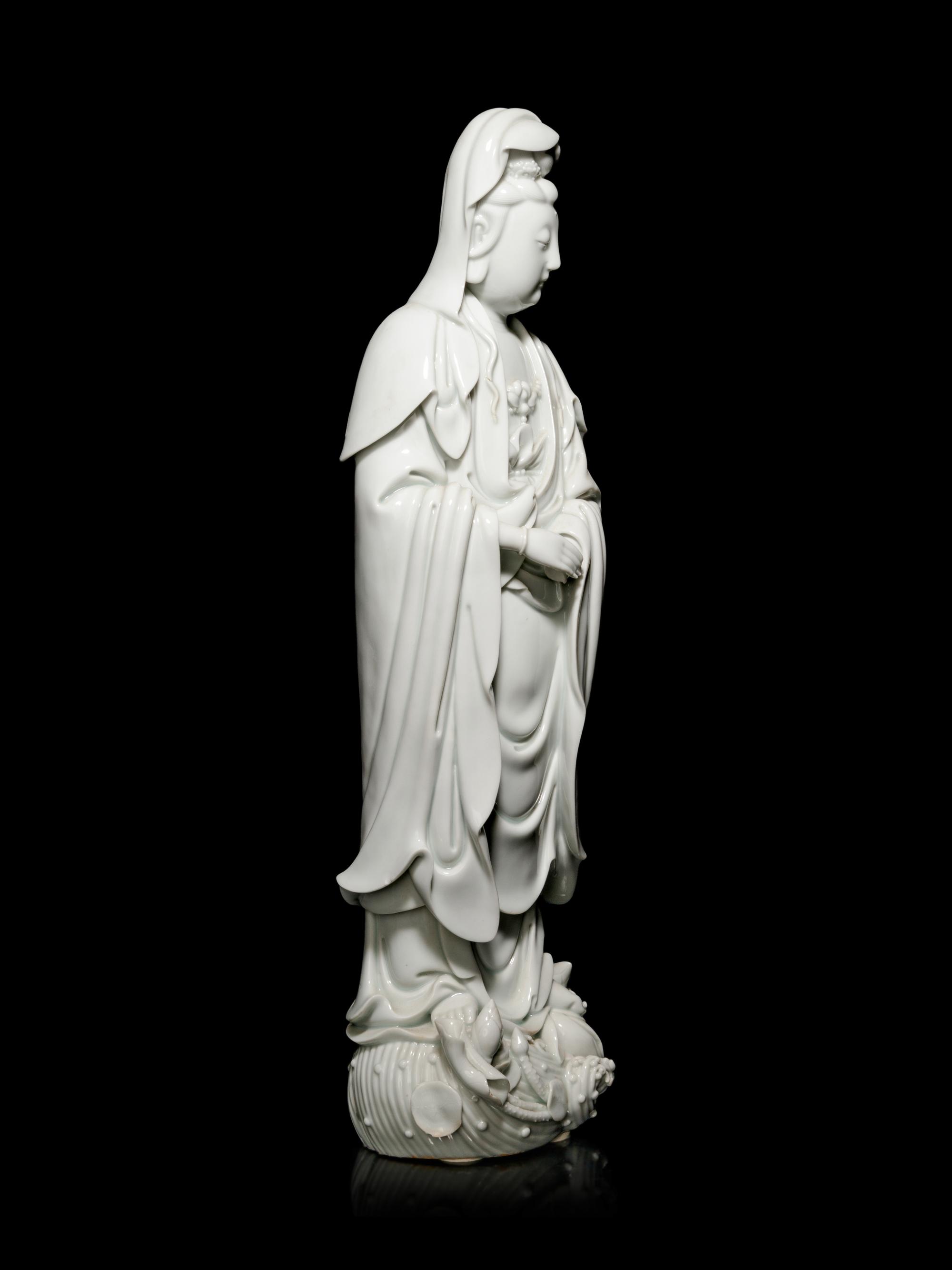 A Large Blanc-de-Chine Porcelain Figure of Guanyin