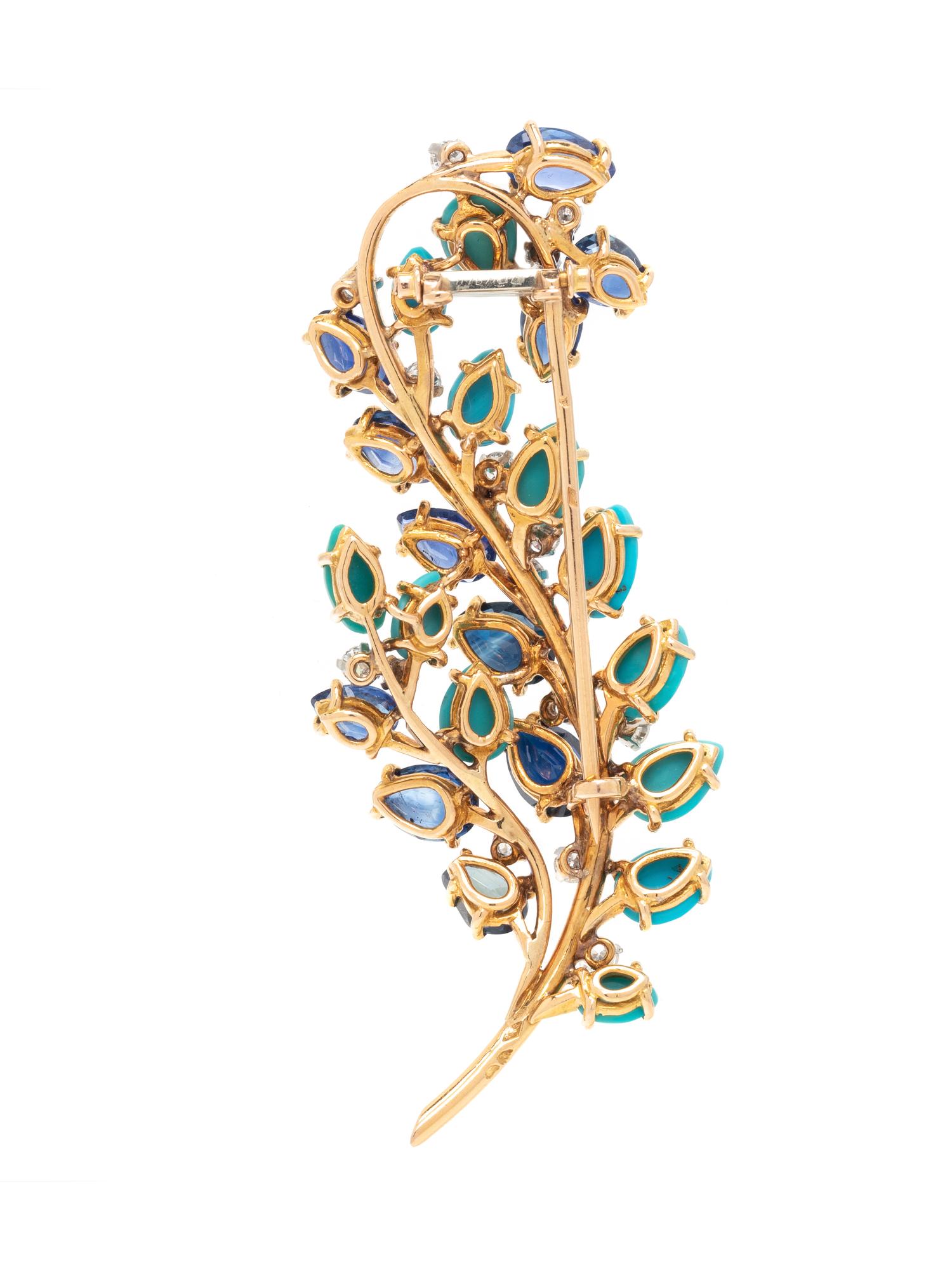 R. BARREY, FRENCH, SAPPHIRE, TURQUOISE AND DIAMOND BROOCH