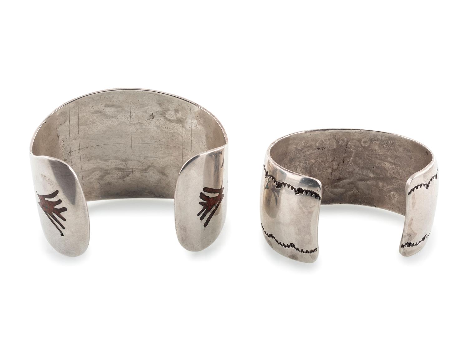 Navajo Silver Cuff Bracelets with Turquoise and Coral Chip Inlay