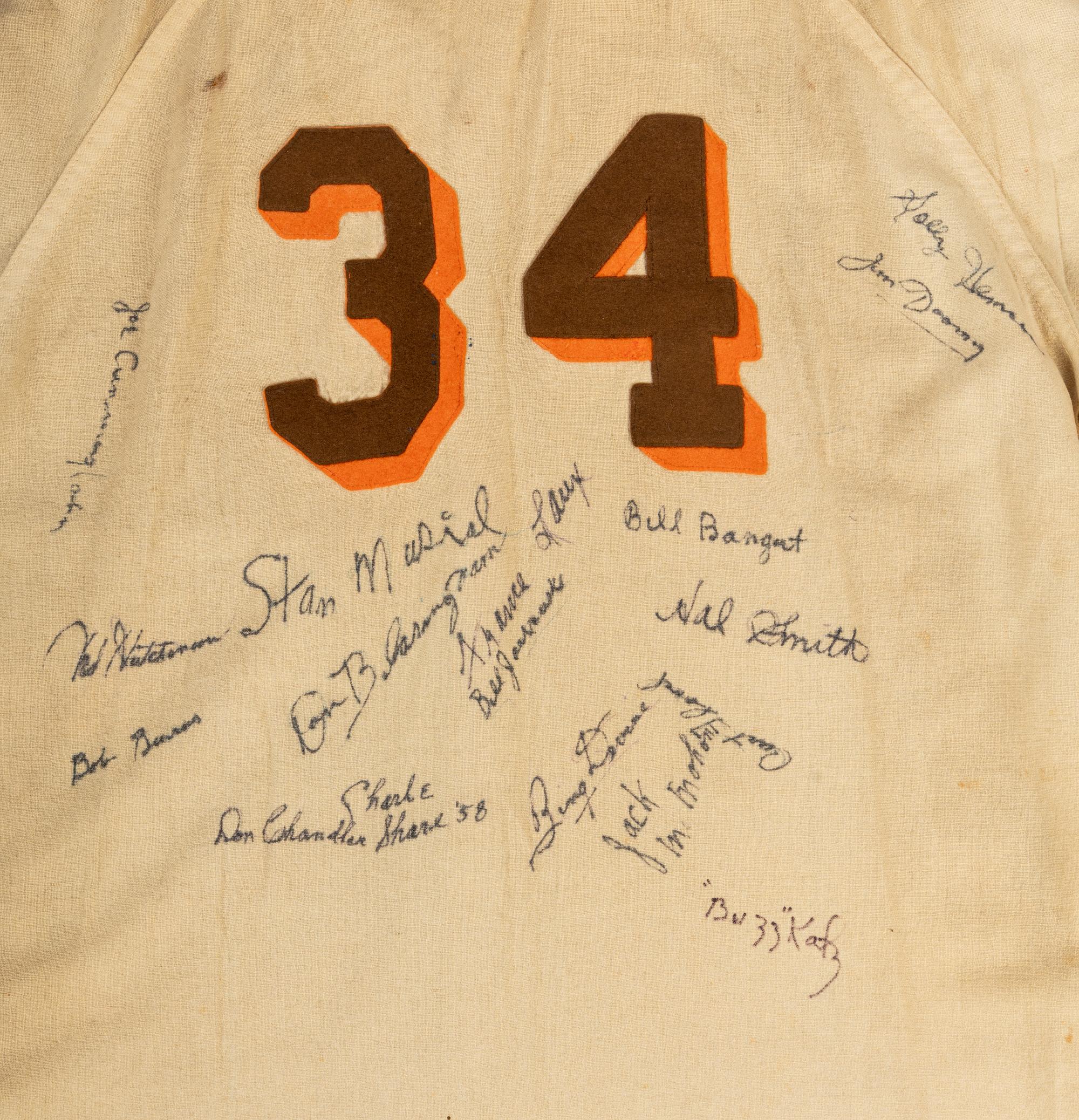 An Authentic 1943 Zack Taylor St. Louis Browns Multi Signed Autograph Baseball Jersey Including George Sisler, Stan Musial and Harry Caray Autos,