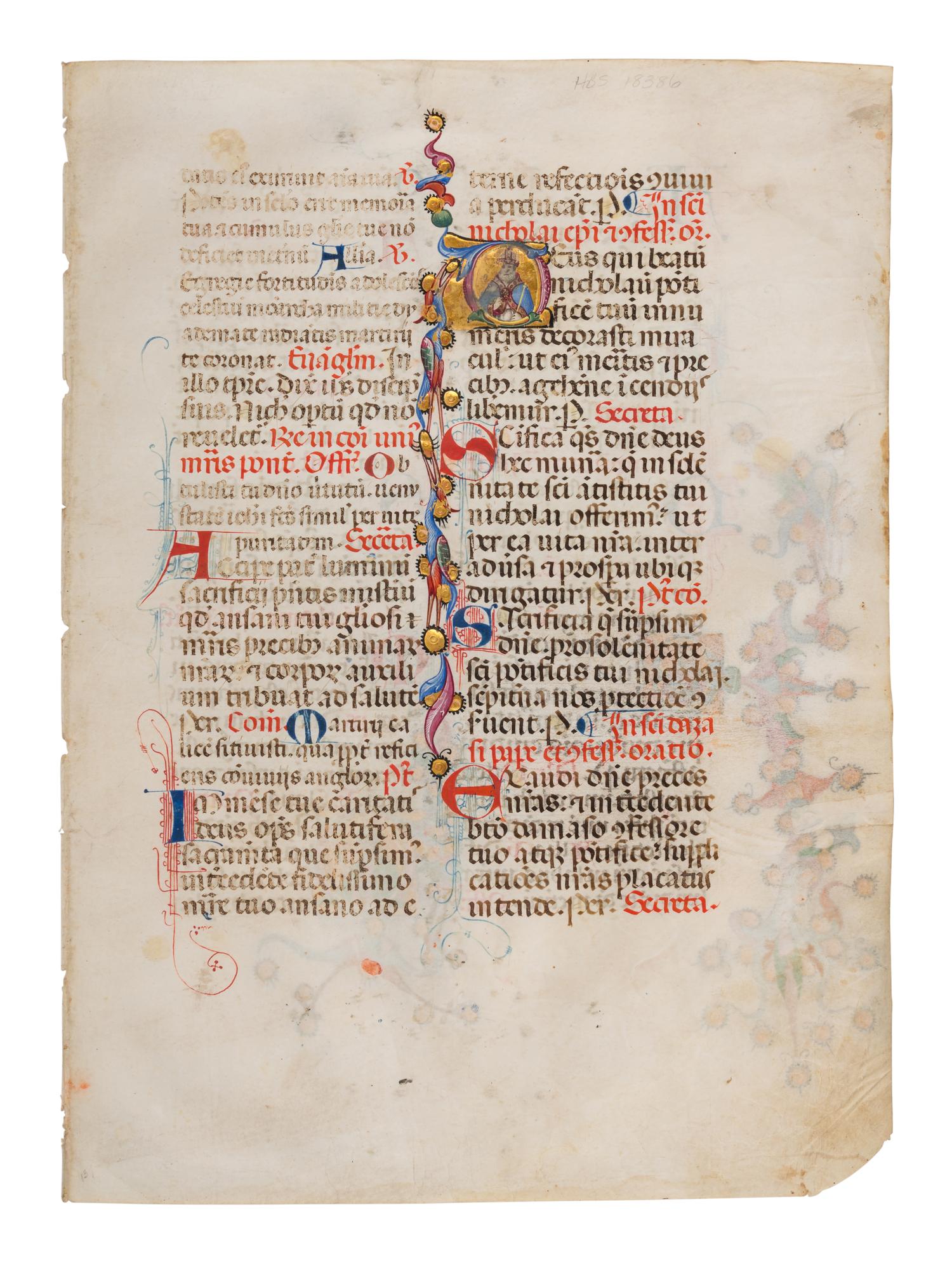 SANO DI PIETRO (Siena, 1405-1481) Two leaves from a Missal, including three historiated initials of St. Nicholas, St. Lucy, and St. Thomas, in Latin, illuminated manuscript on parchment [Italy, Siena, c. 1460-1470]