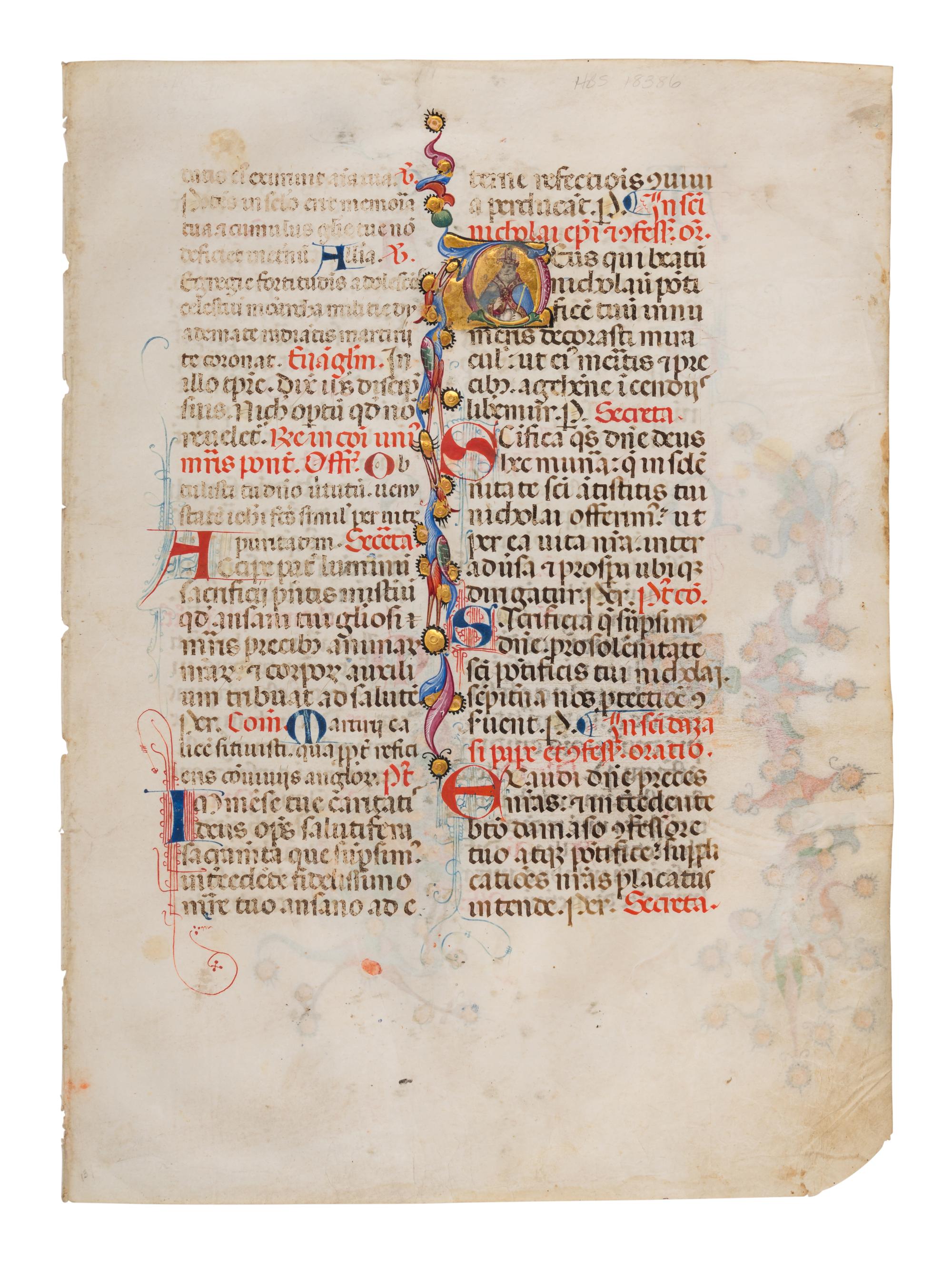 SANO DI PIETRO (Siena, 1405-1481) Two leaves from a Missal, including three historiated initials of St. Nicholas, St. Lucy, and St. Thomas, in Latin, illuminated manuscript on parchment [Italy, Siena, c. 1460-1470]