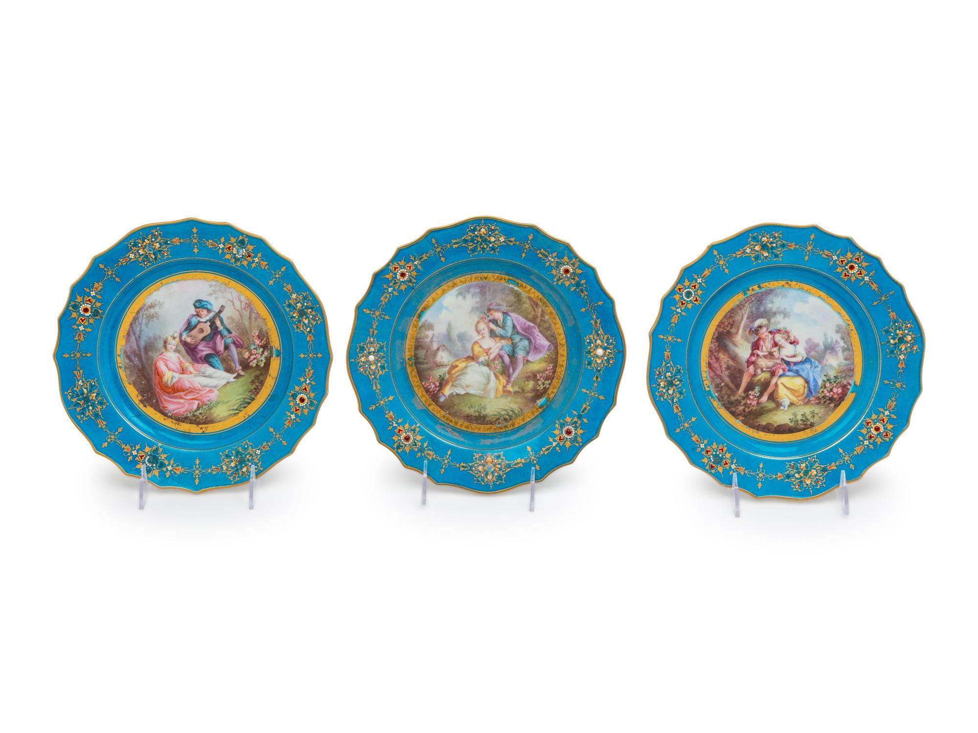 Three Sèvres Style 'Jeweled' Porcelain Cabinet Plates