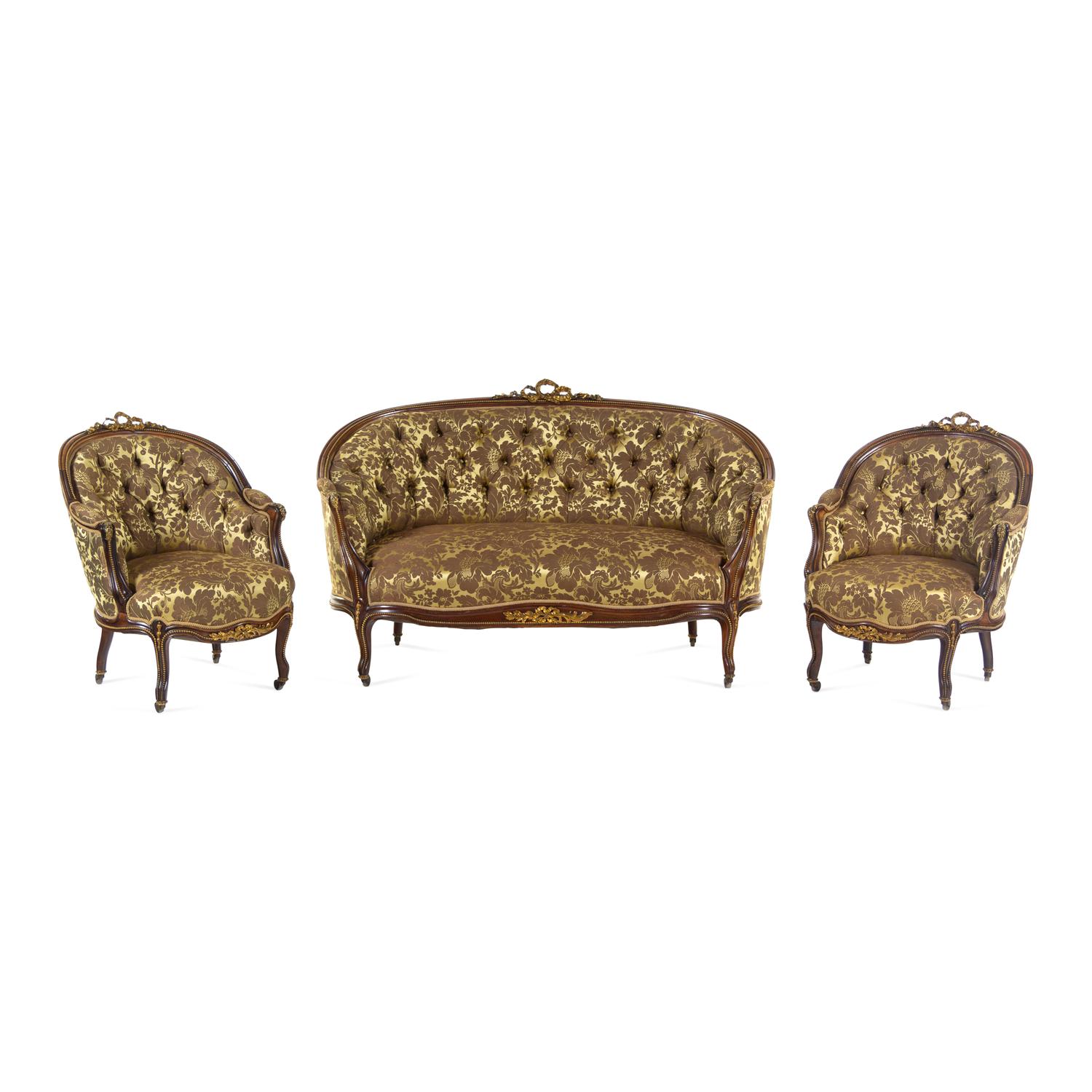 A Louis XV Style Gilt Bronze Mounted Rosewood Three-Piece Seating Suite
