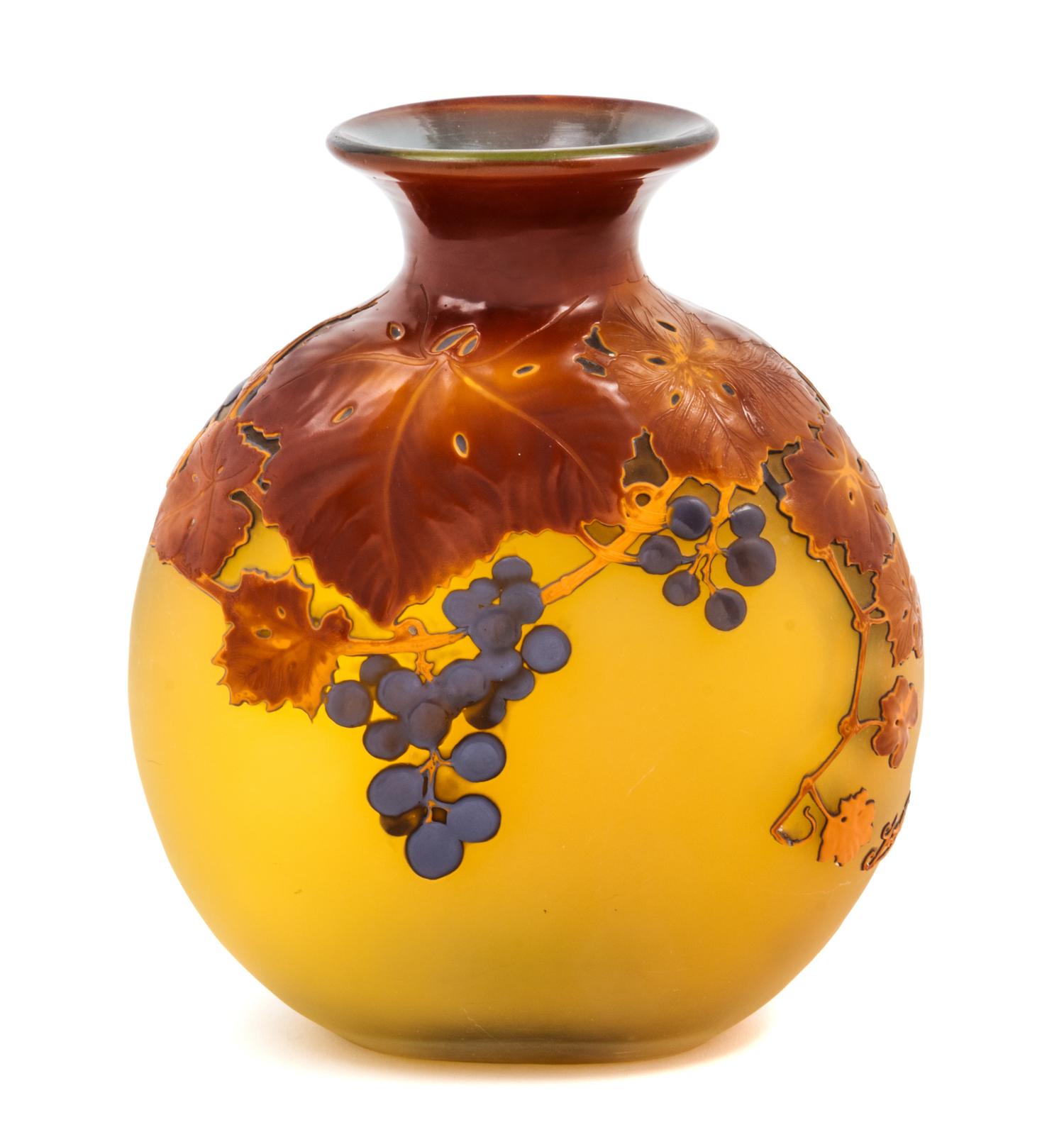 Emile Galle, (French, 1846-1904), a mold blown cameo glass vase, with grape decoration