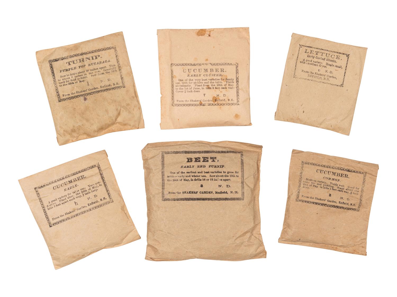 [SHAKERS]. 6 seed packets from the Shakers' Garden, Enfield, New Hampshire, comprising beets, cucumbers (early cluster, common, and early), lettuce, and turnip.