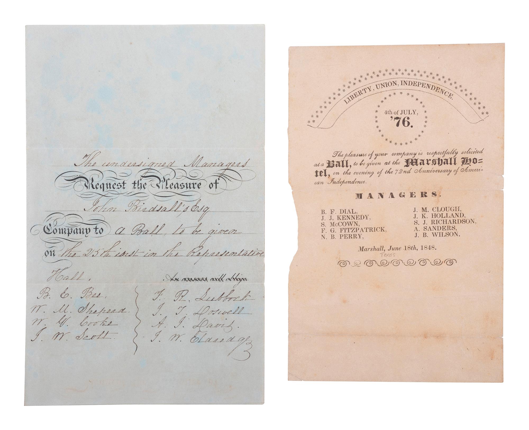 [TEXAS]. A pair of ball invitations from the Republic of Texas and Texas in the Mexican-American War.