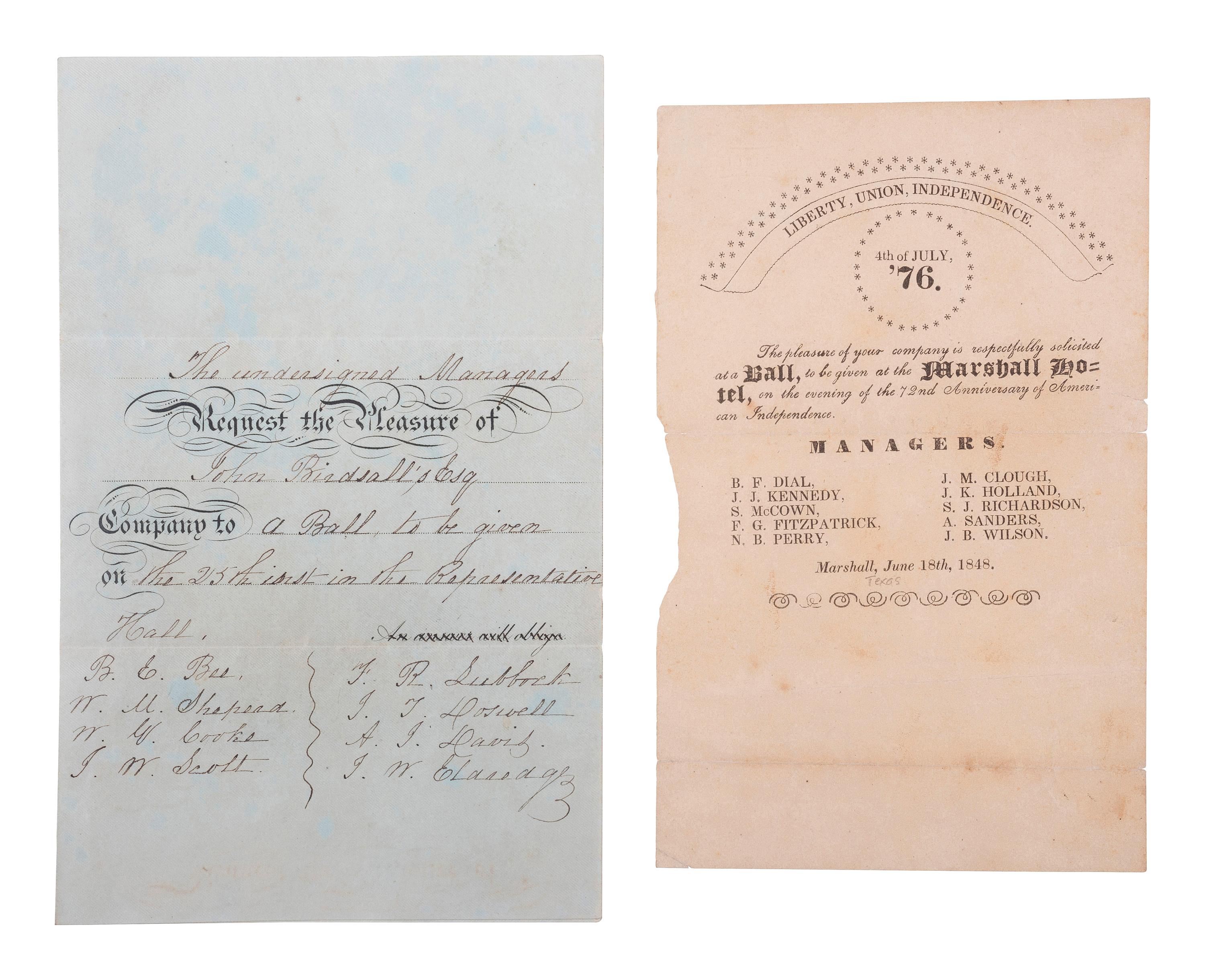 [TEXAS]. A pair of ball invitations from the Republic of Texas and Texas in the Mexican-American War.