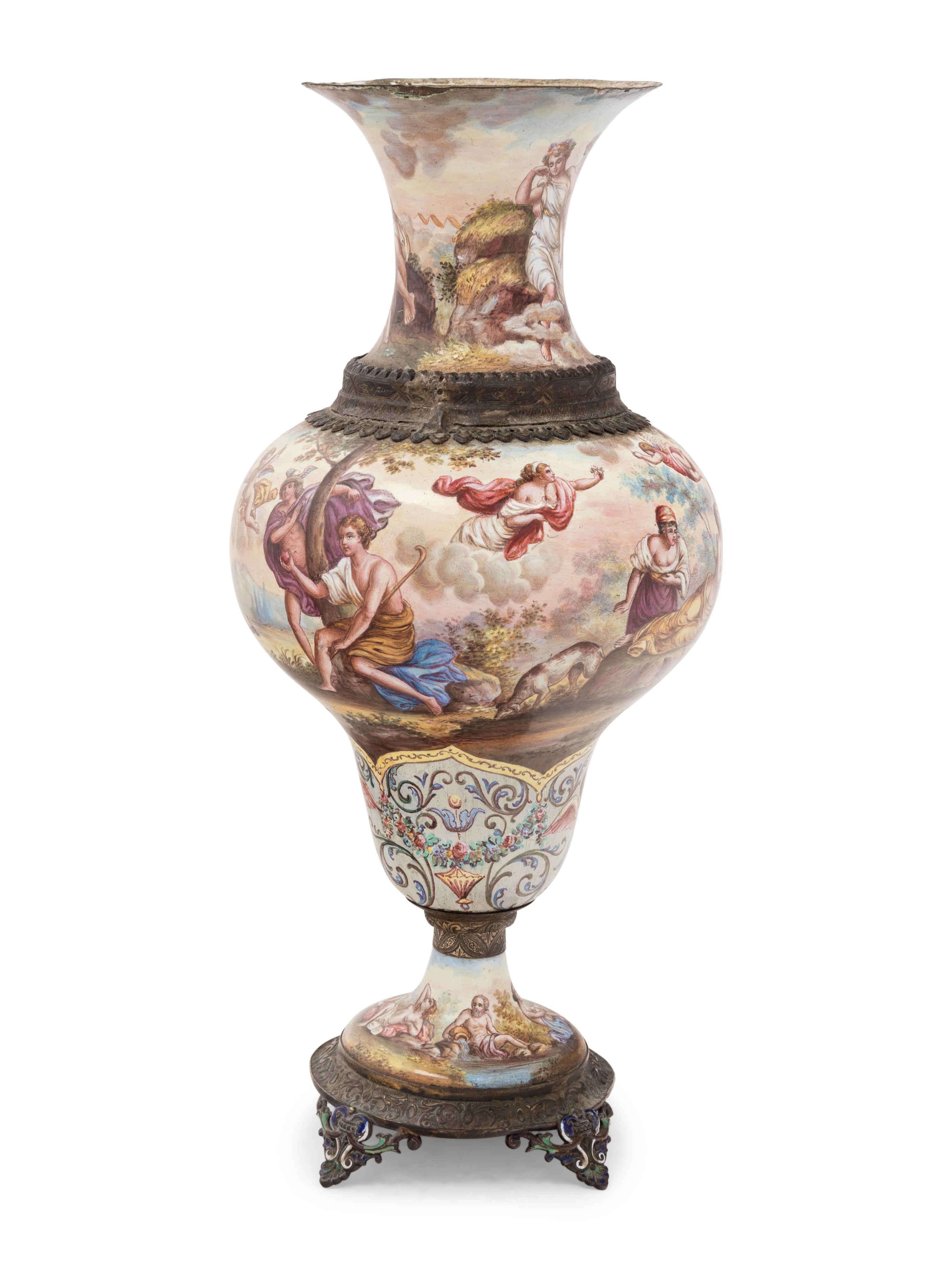 A Viennese Silver Mounted Enamel on Copper Vase