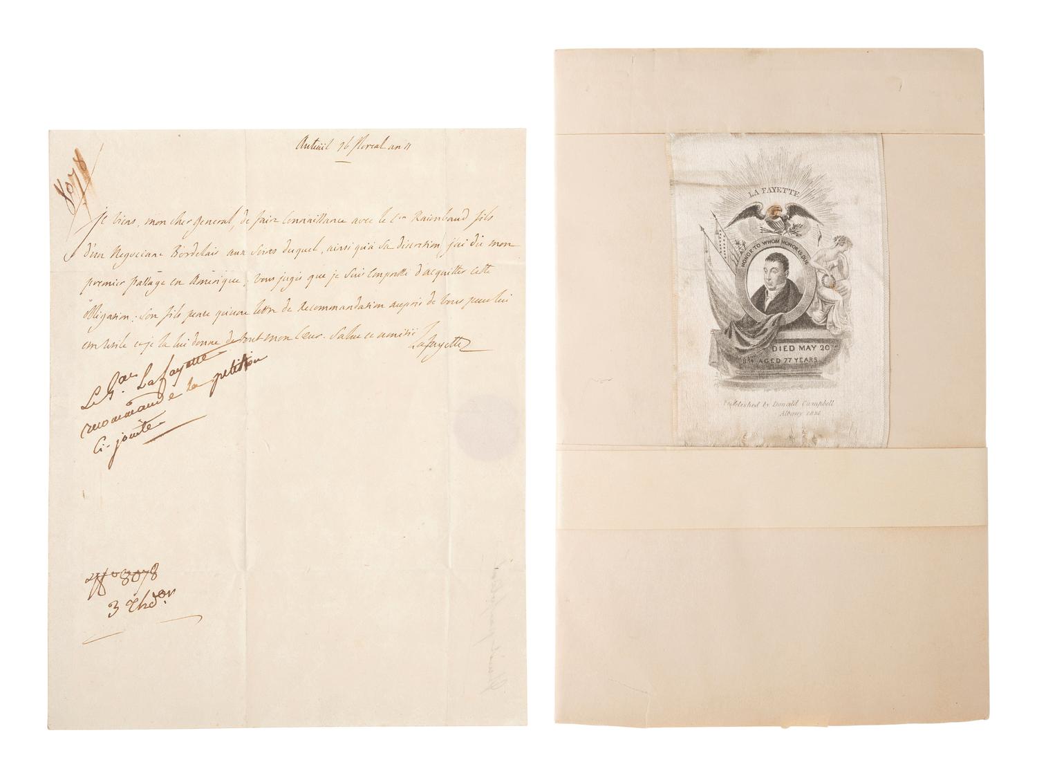 LAFAYETTE, Marie-Joseph Paul Yves Roch Gilbert du Motier, Marquis de (1757-1834). Document signed ("Lafayette") to General Louis-Alexandre Berthier, French Minister of War. 5 May 1794. [ With: ] Lafayette mourning ribbon, 1843.