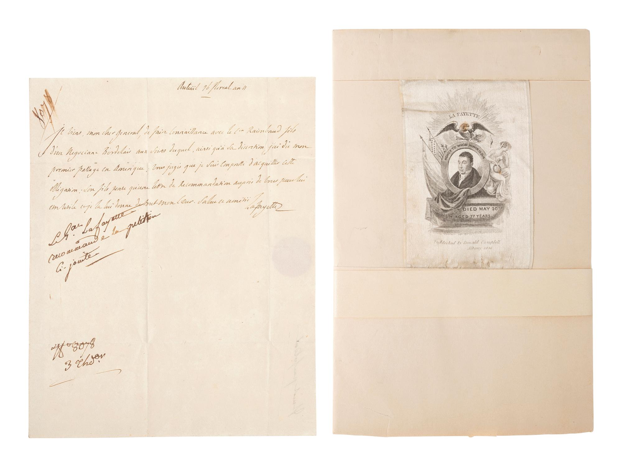 LAFAYETTE, Marie-Joseph Paul Yves Roch Gilbert du Motier, Marquis de (1757-1834). Document signed ("Lafayette") to General Louis-Alexandre Berthier, French Minister of War. 5 May 1794. [ With: ] Lafayette mourning ribbon, 1843.