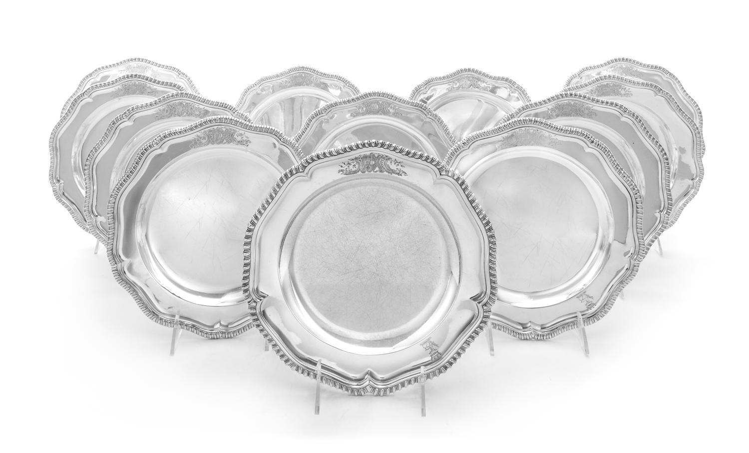 A Set of Twelve Irish George III Silver Dinner Plates, Robert Calderwood, Dublin, Circa 1762, each having an undulating gadrooned rim a