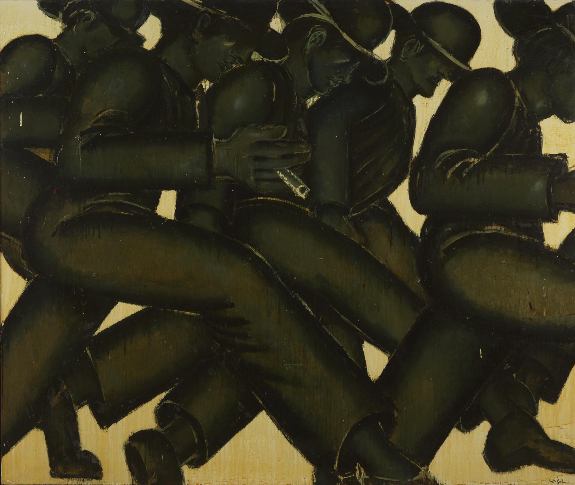 Lester F. Johnson (American, 1919-2010) — Five Men Passing By (Green) , 1970