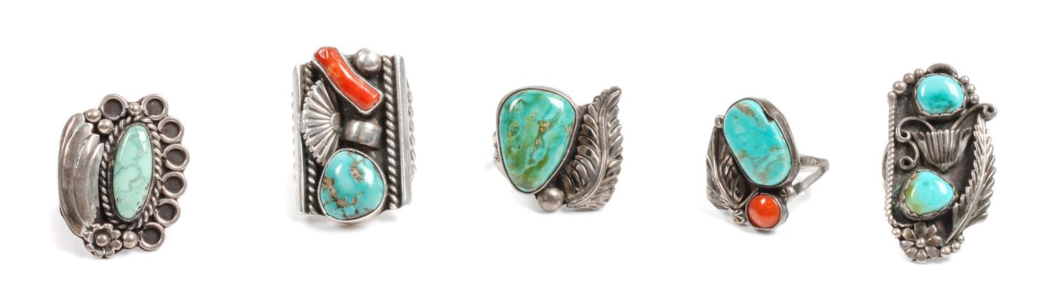 Five Southwestern Silver and Turquoise Rings