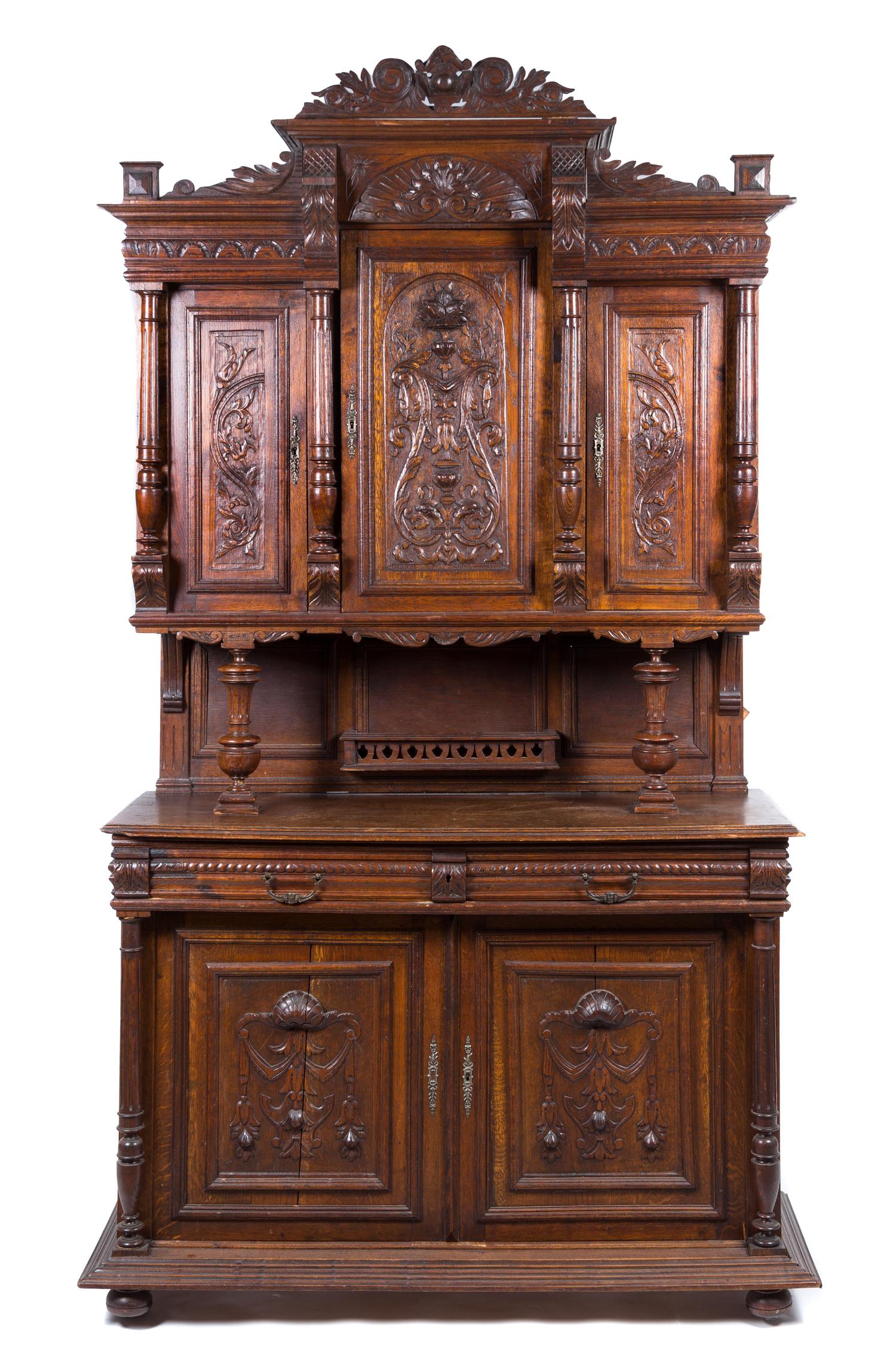 A Renaissance Revival Oak Server Height 100 1/2 x width 55 1/4 x depth 20 inches. — LATE 19TH CENTURY