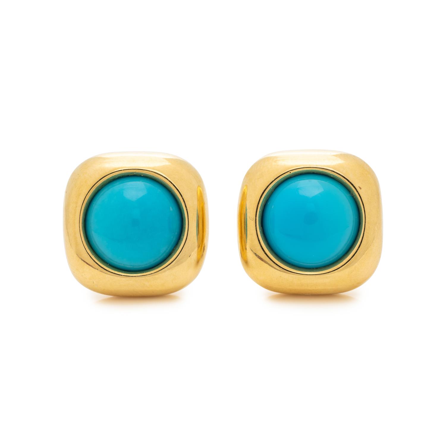 CRAIG DRAKE, YELLOW GOLD AND TURQUOISE EARCLIPS