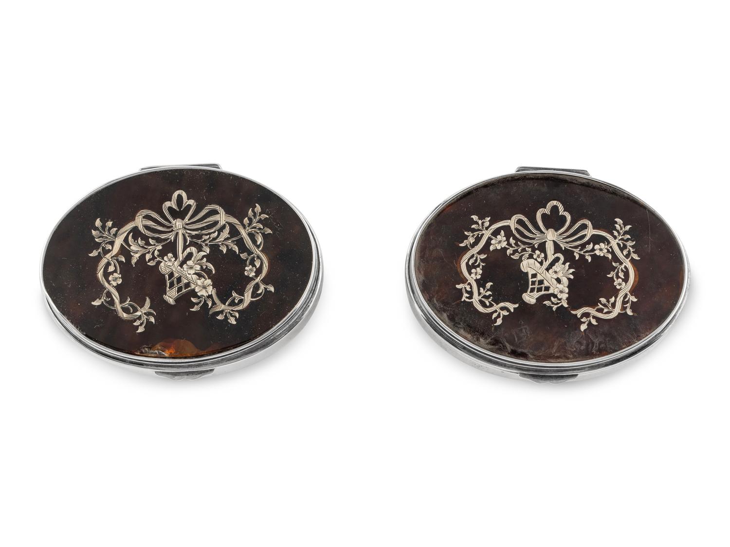 A Pair of English Silver and Tortoise-Shell Mounted Dresser Boxes
