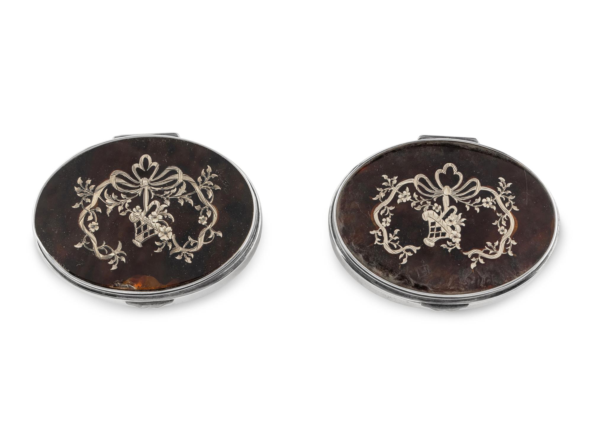 A Pair of English Silver and Tortoise-Shell Mounted Dresser Boxes