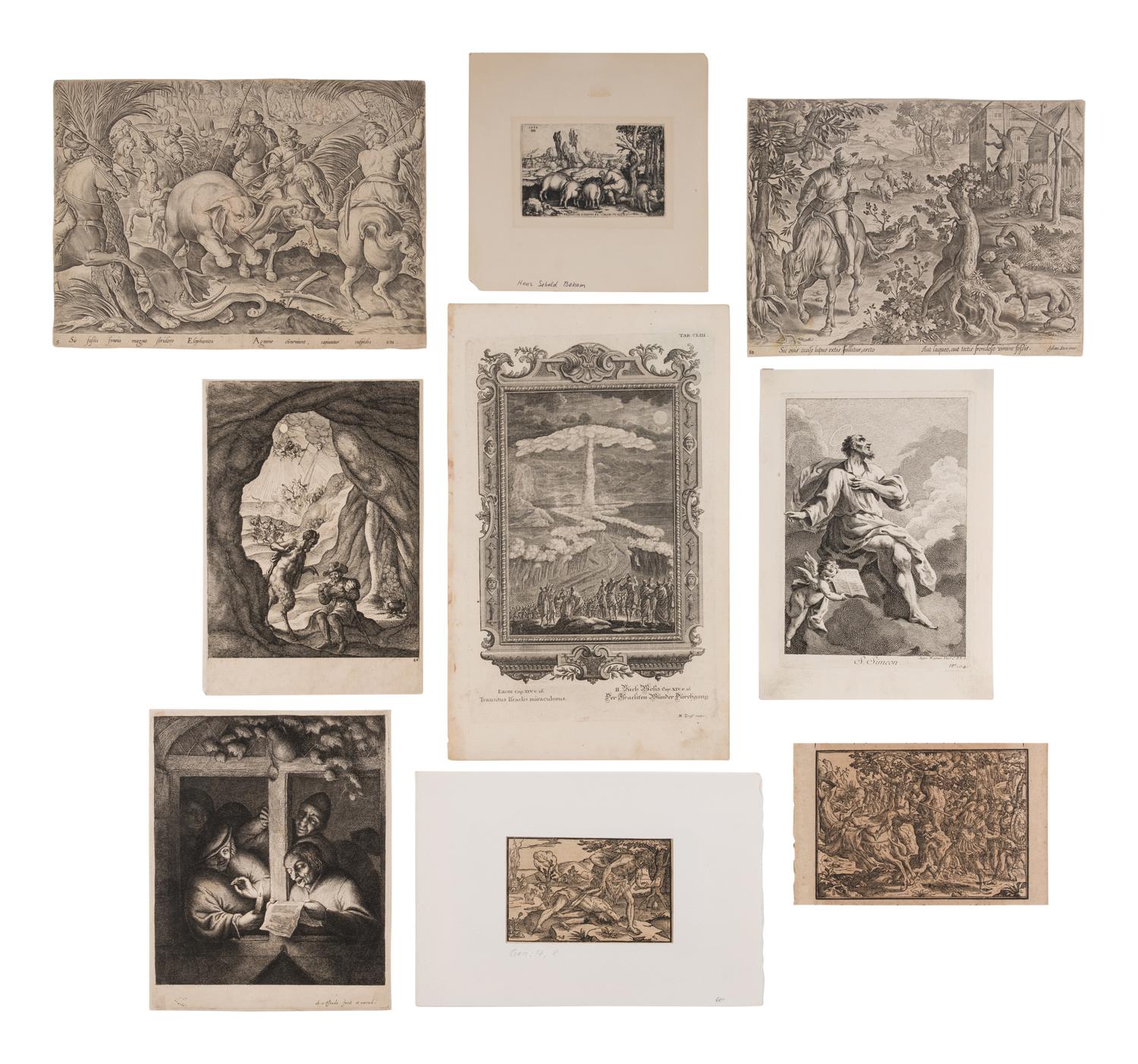 [MORALS, MYTHS, & RELIGION]. A group of approximately 47 prints, most engraved, featuring moralizing, mythologizing, and religious scenes, including: