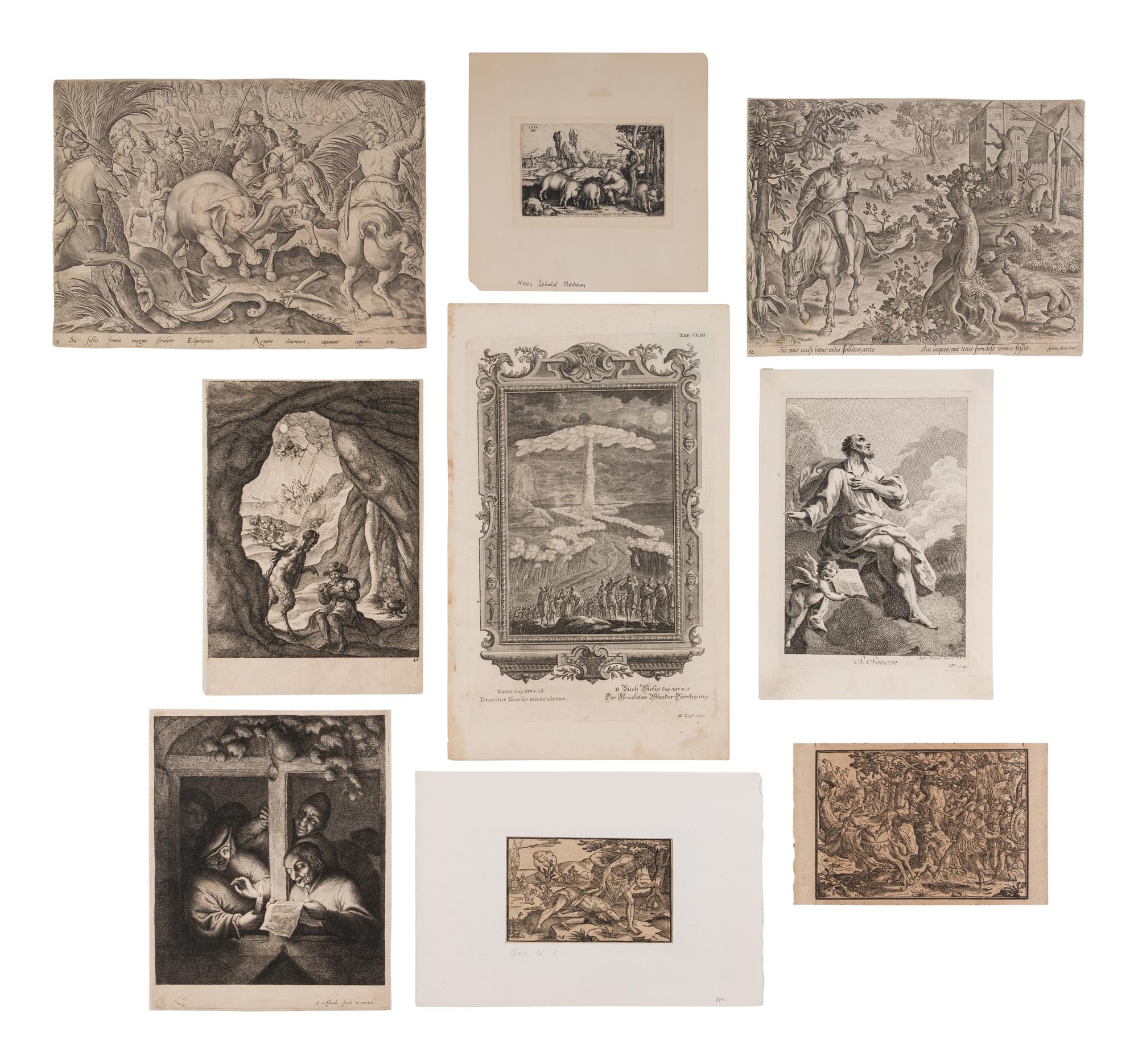 [MORALS, MYTHS, & RELIGION]. A group of approximately 47 prints, most engraved, featuring moralizing, mythologizing, and religious scenes, including: