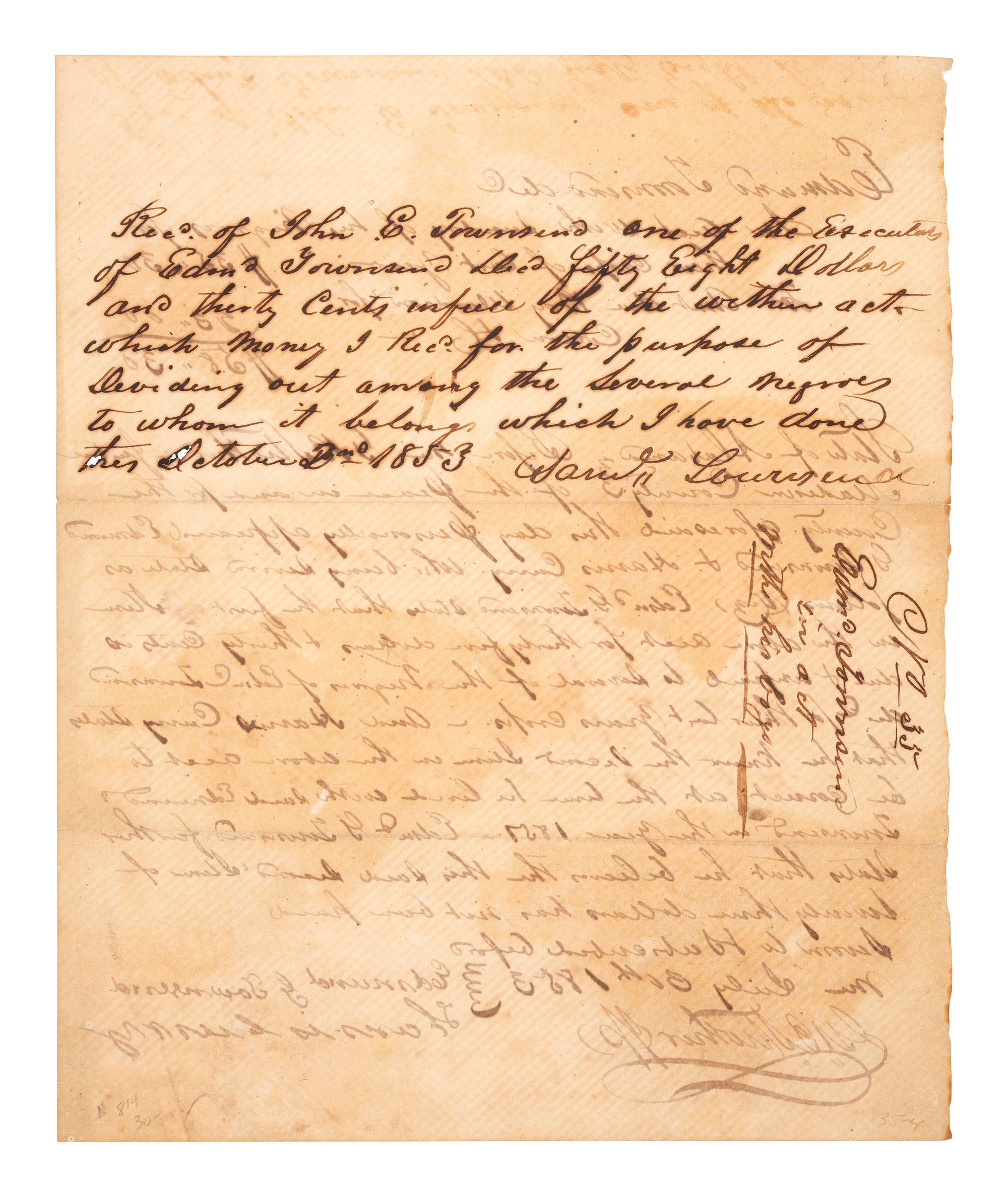 [ENSLAVEMENT & ABOLITION]. Legal document detailing funds to be divided among the enslaved persons of the deceased enslaver, Edmund C. Townsend of Madison County, AL. 30 July 1853.