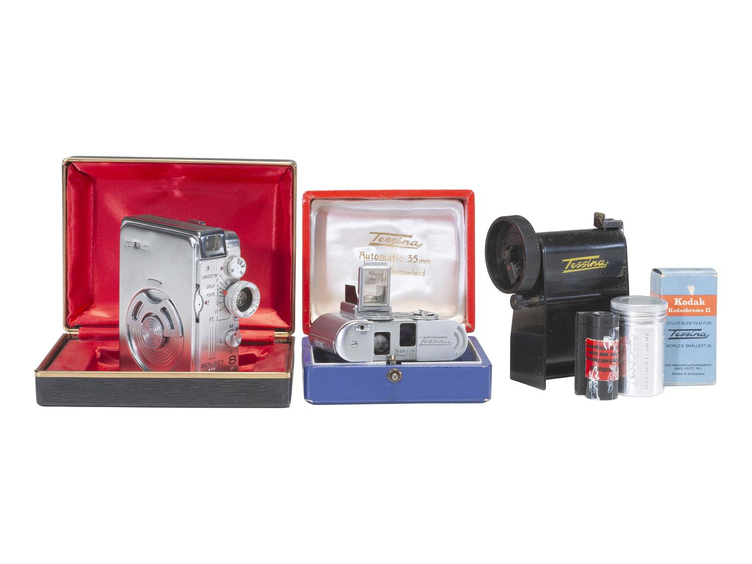 [CAMERAS]. 2 miniature cameras with original boxes, incl. Tessina and Bolsey 8.