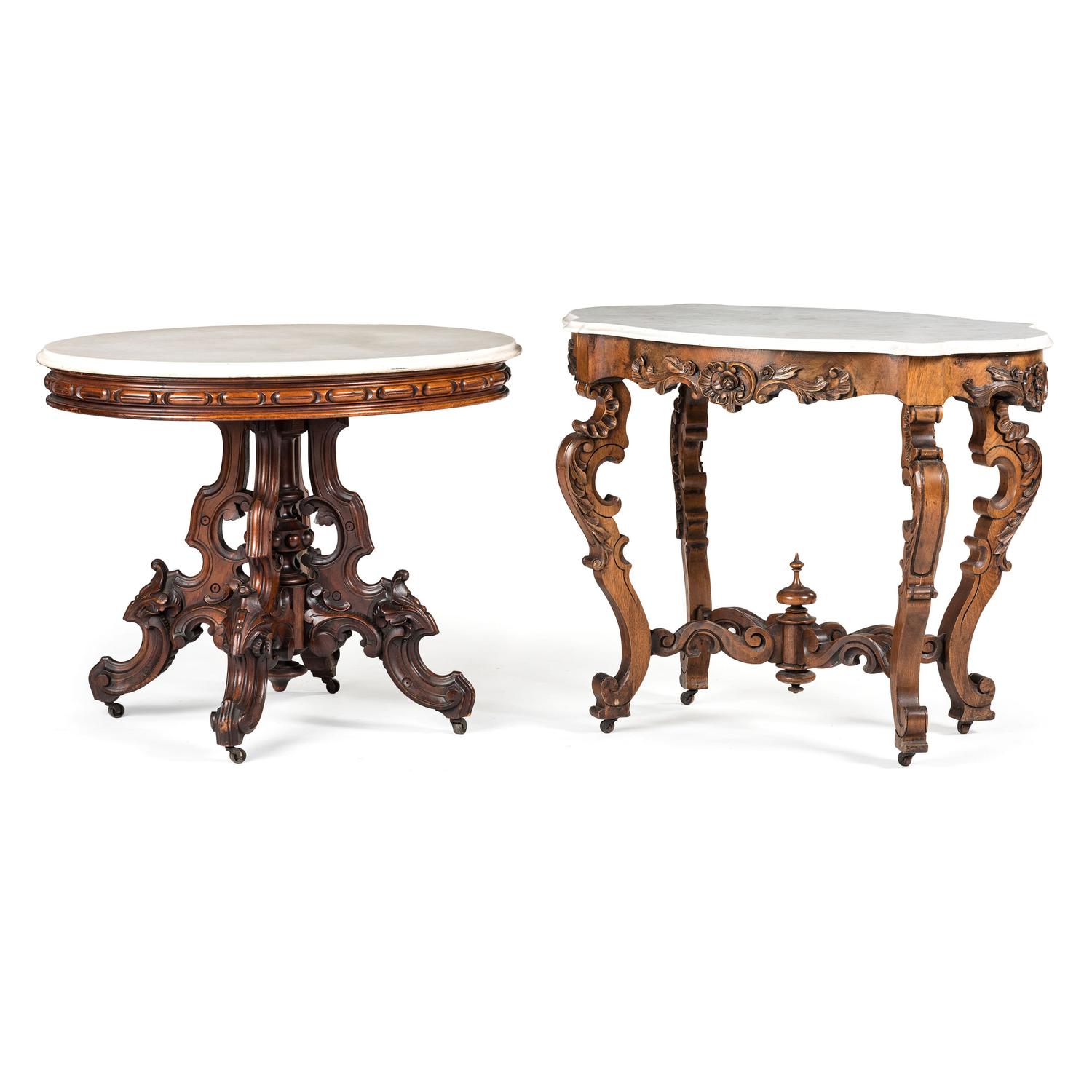 Two Renaissance Revival Carved Mahogany Marble Top Center Tables