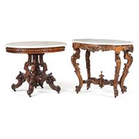 Two Renaissance Revival Carved Mahogany Marble Top Center Tables