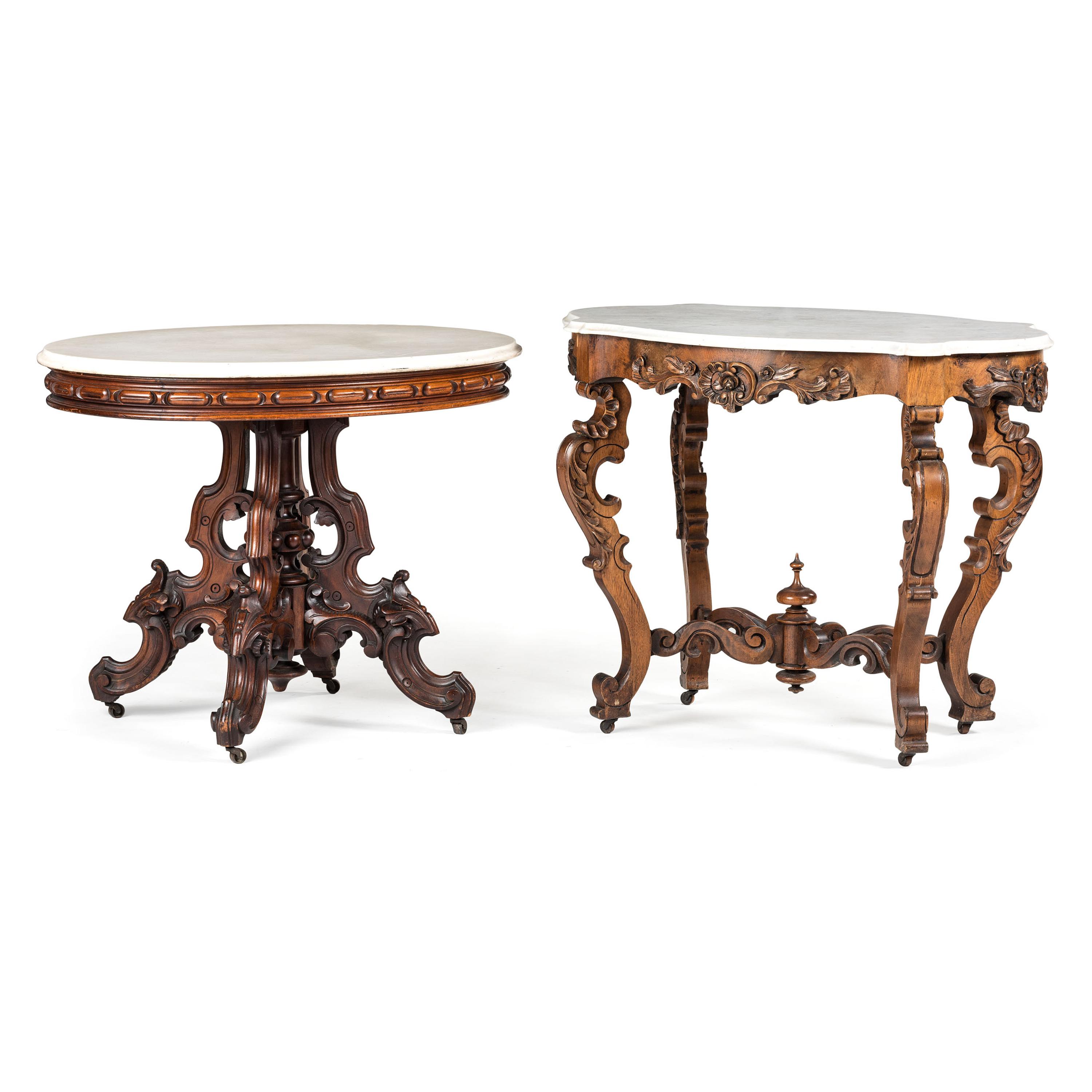 Two Renaissance Revival Carved Mahogany Marble Top Center Tables