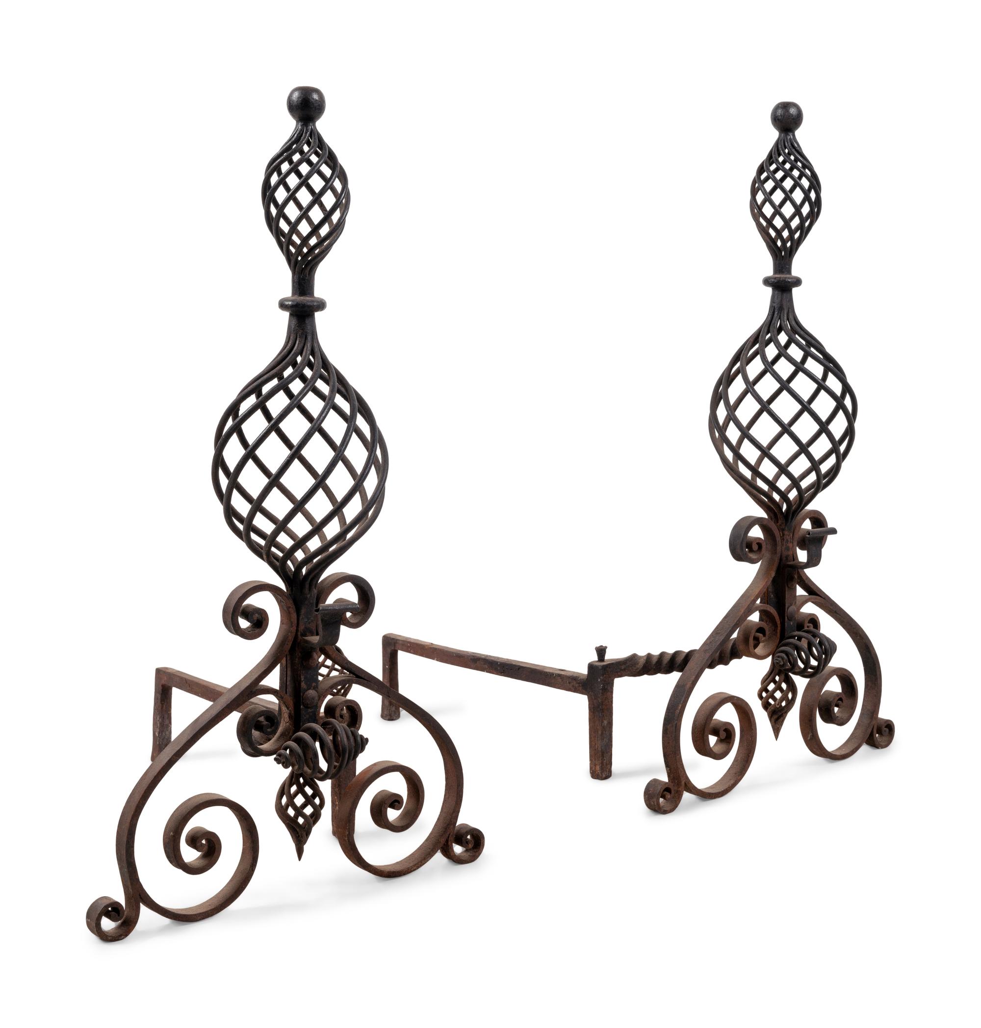 A Pair of Continental Iron Baluster-Twist Andirons