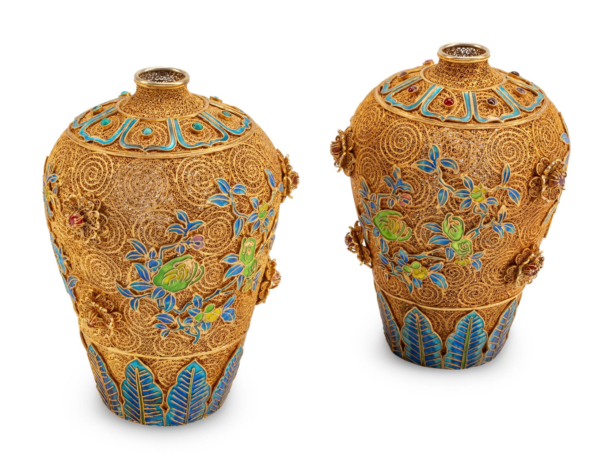 A Pair of Jeweled Silver-Gilt Filigree and Enamel Vases